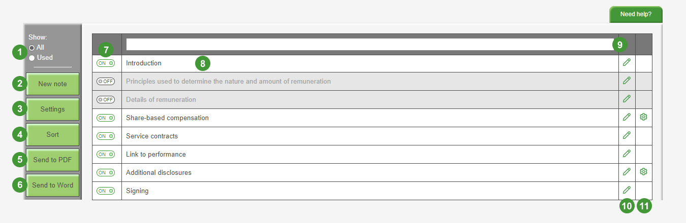 Image shows the Directors' report screen in the software. The on-screen options have been labelled with numbers which correspond to the numbers in the table below.. The Directors' remuneration note is greyed out, indicating it is switched off.